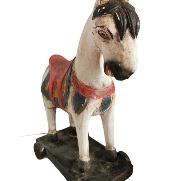 ANTIQUE wooden Pull Toy Horse Wood Wheels Farmhouse primitive folk Art. - Picture 4 of 6